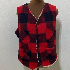 Vtg 60's Woolrich Red Buffalo Plaid Waistcoat Snap SHERPA Fleece Lined Vest Med.